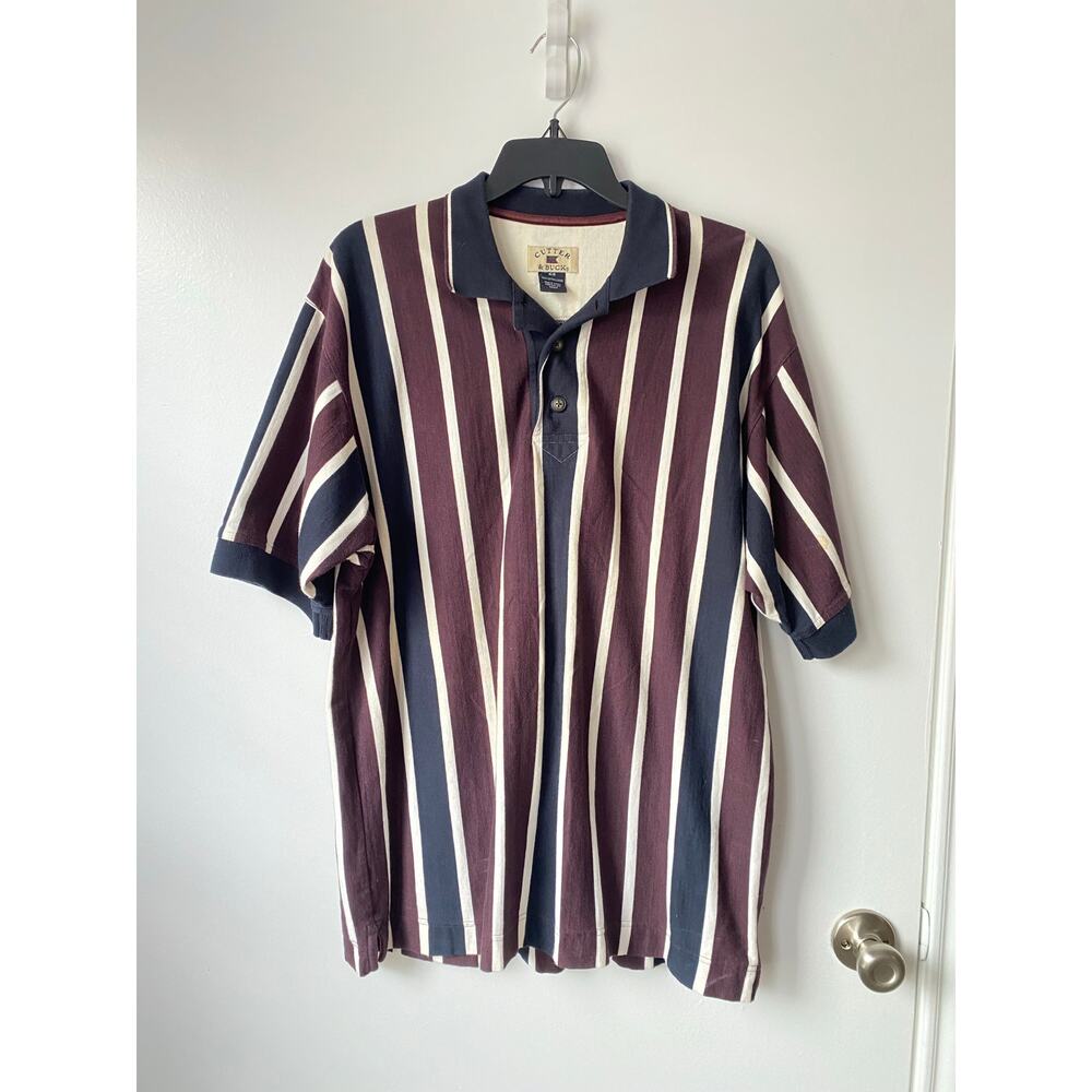 Cutter & Buck Vintage Polo Shirt M Burgundy Navy Stripe 90s Y2K Retro USA